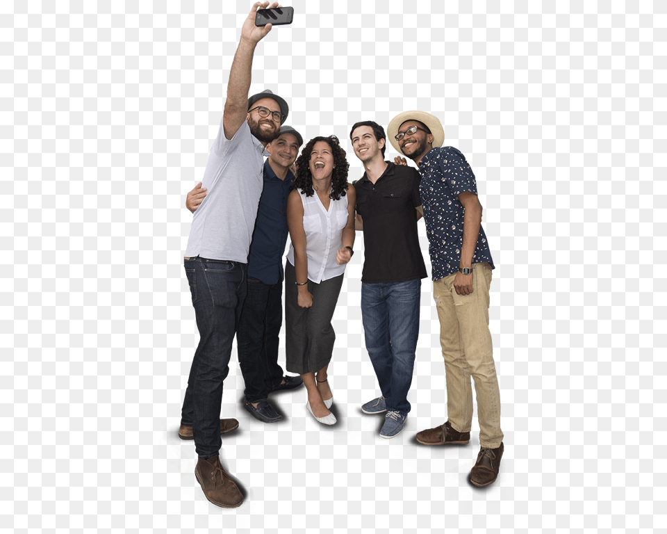 Download Information Group People Mobile Phones Selfie Of Group People, Clothing, Pants, Hat, Adult Png