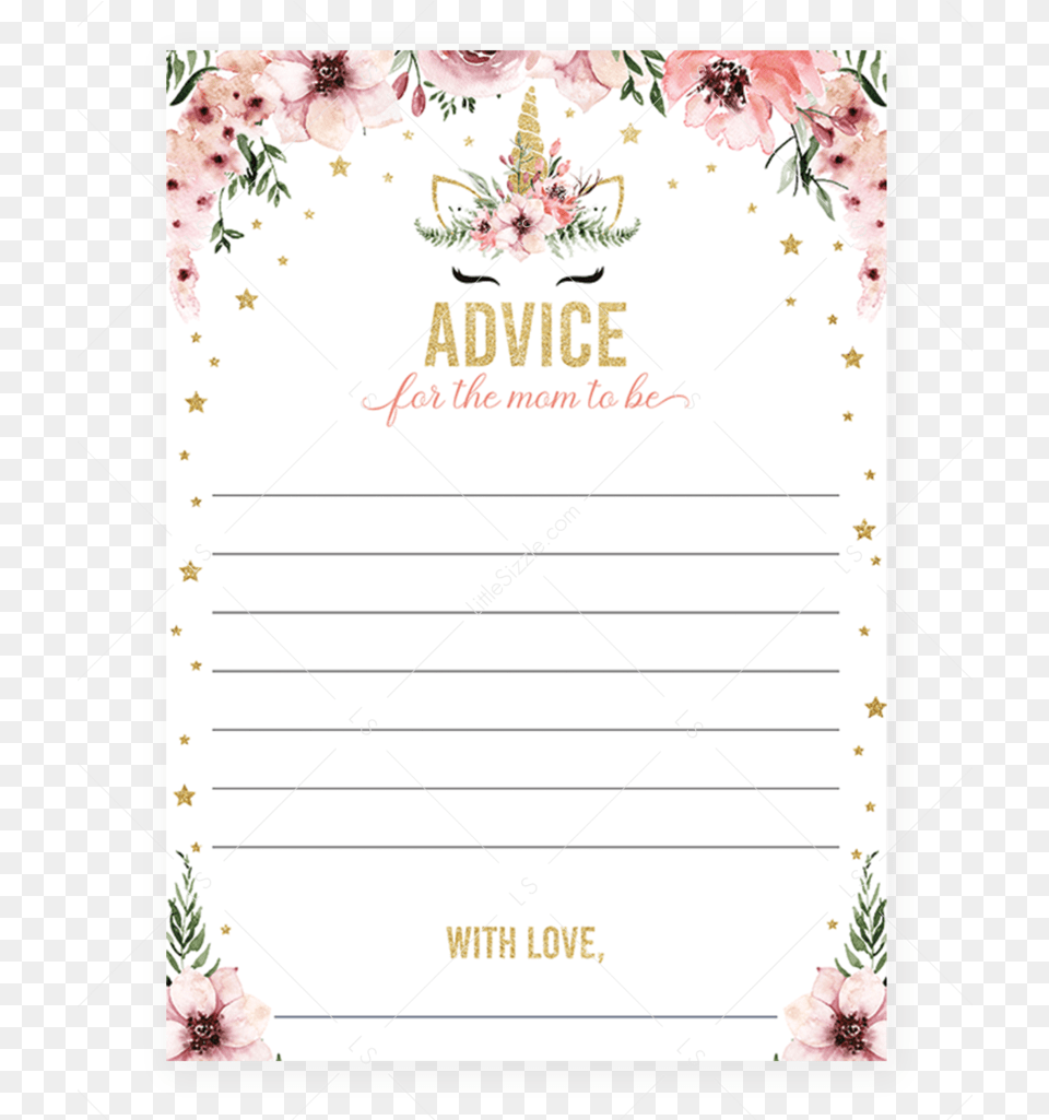 Download Pink And Gold Unicorn Baby Shower Advice Cards By Printable Unicorn Baby Advise, Page, Text Free Transparent Png