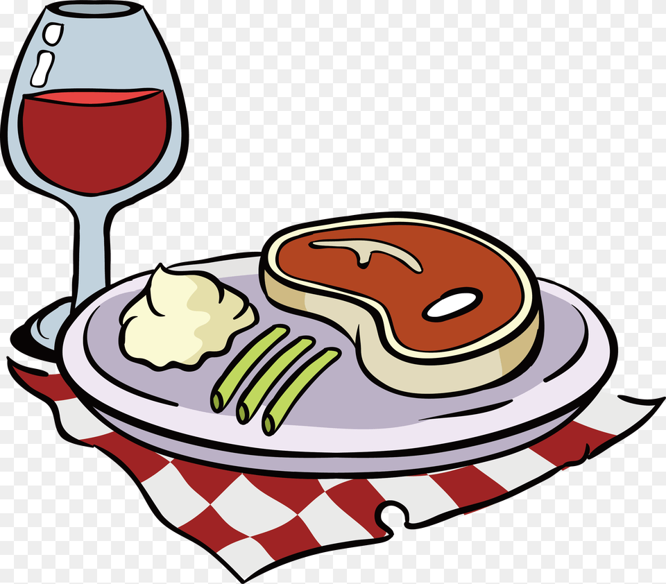 Download Red Wine Beefsteak Clip Art Plaid Tablecloth Steak And Wine Cartoon, Fork, Meal, Lunch, Cutlery Png