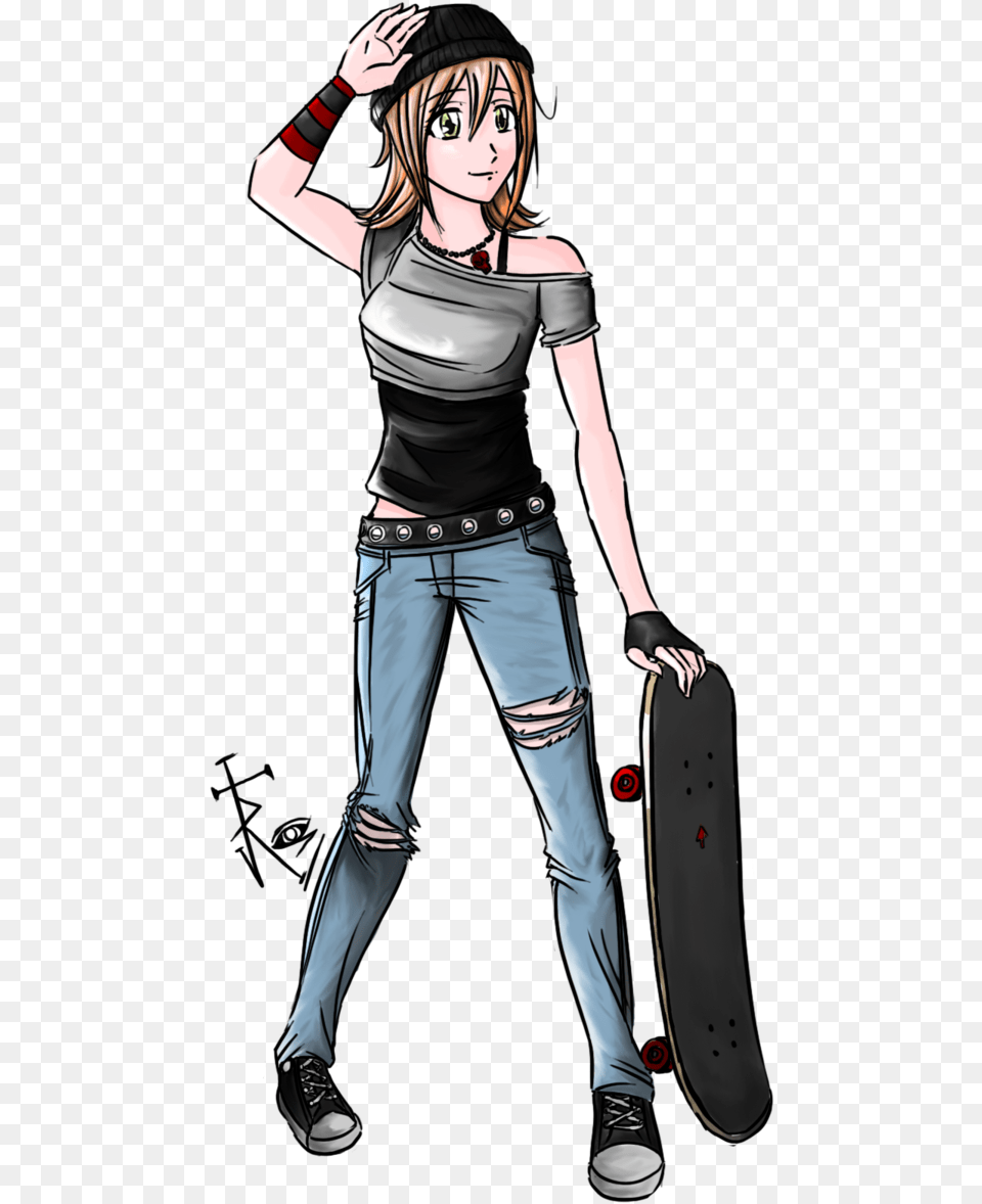 Download Skateboarding Drawing Anime Girl Distribution Anime Skater Girl, Book, Publication, Person, Pants Free Transparent Png