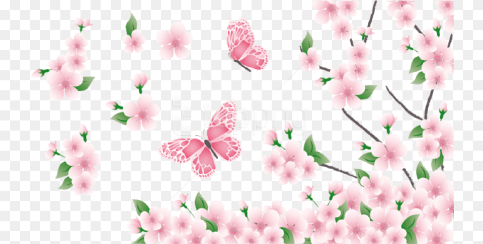Download Spring Branch With Pink Flowers And Pink Flowers And Butterflies, Flower, Plant, Cherry Blossom Free Png