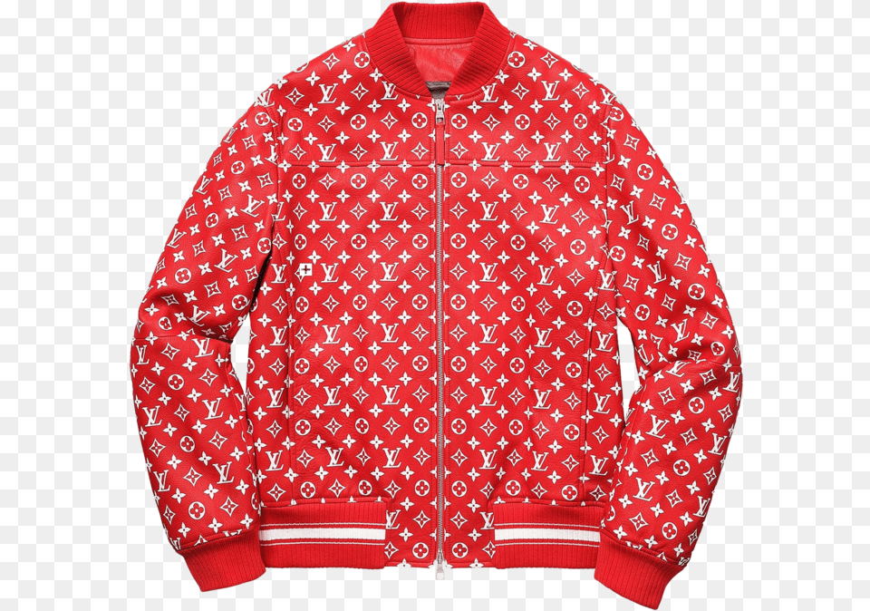 Download Supreme X Louis Vuitton Leather Monogram Bomber Red Supreme Louis Vuitton Jacket, Clothing, Coat, Knitwear, Sweater Free Transparent Png