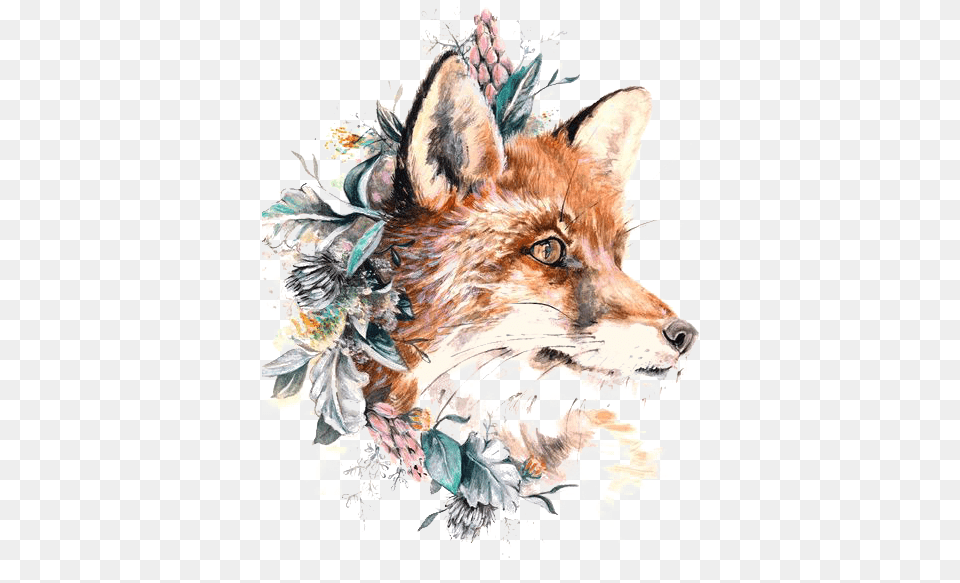 Download Tattoo Gray Fox Paper Wolf Red Hq Fox With Flowers On Head, Art, Animal, Canine, Dog Free Transparent Png