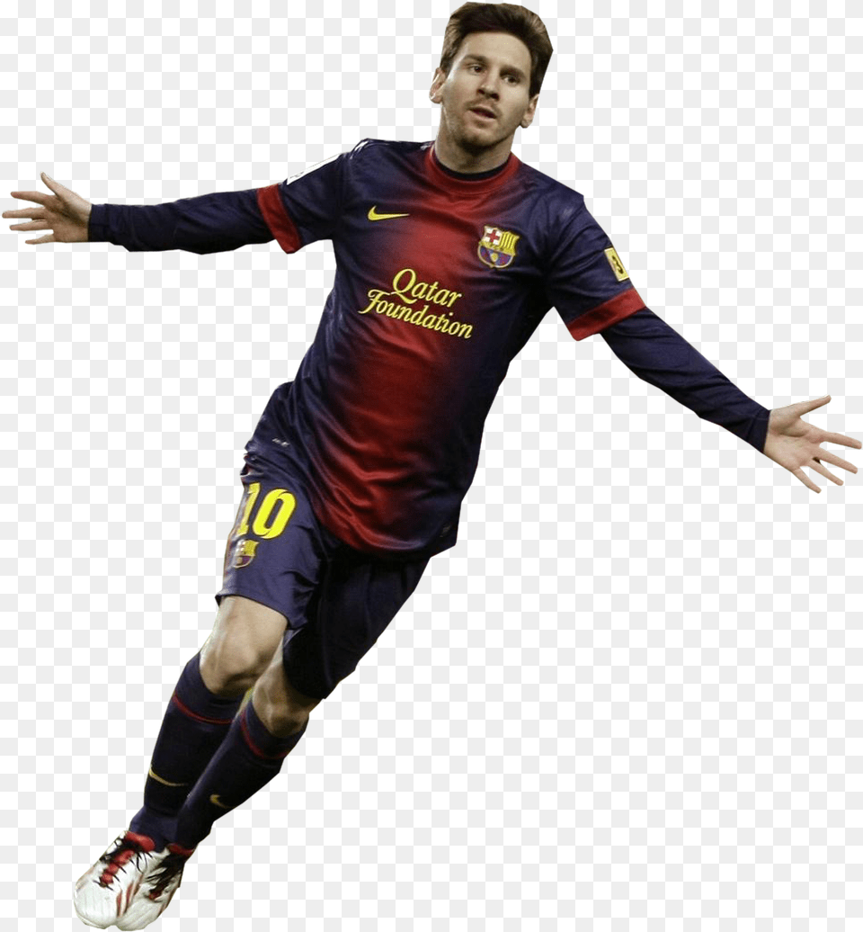 Download United Messi Athlete Football Barcelona Fc Player Background Pemain Bola, Shirt, Clothing, Adult, Person Png