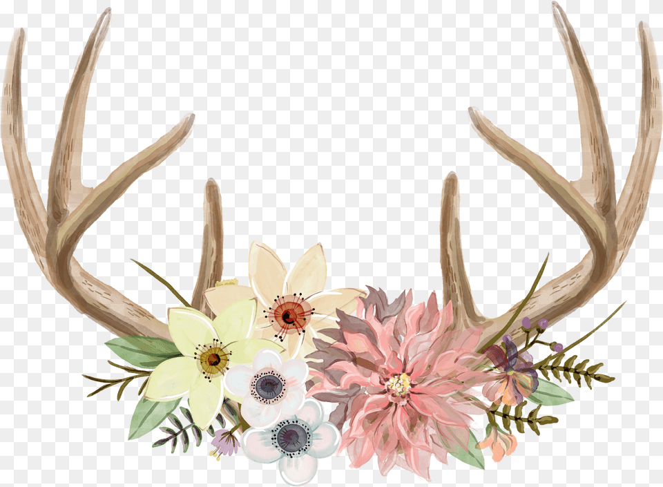 Watercolour Antler Full Size Pngkit Printable Antlers With Flowers, Flower, Flower Arrangement, Plant Free Png Download