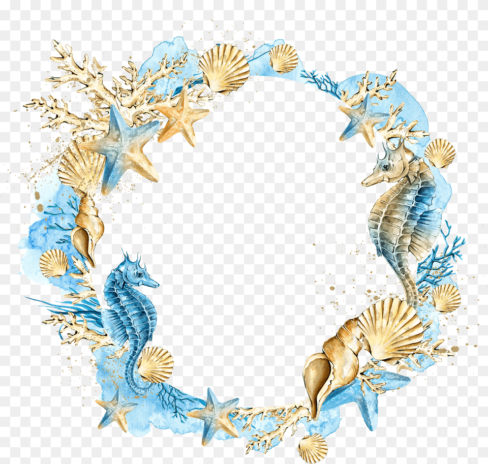 Download Wreath Starfish Shells Seashell Wedding Watercolor Sea Shells Border, Animal, Invertebrate, Sea Life, Accessories Png Image