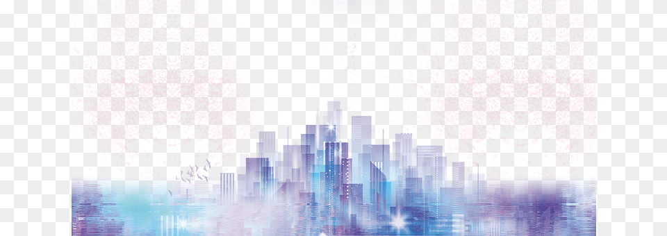 Downtown Skyscraper Panoramic Skyline Real Estate Background, Architecture, Fountain, Water, Purple Png Image