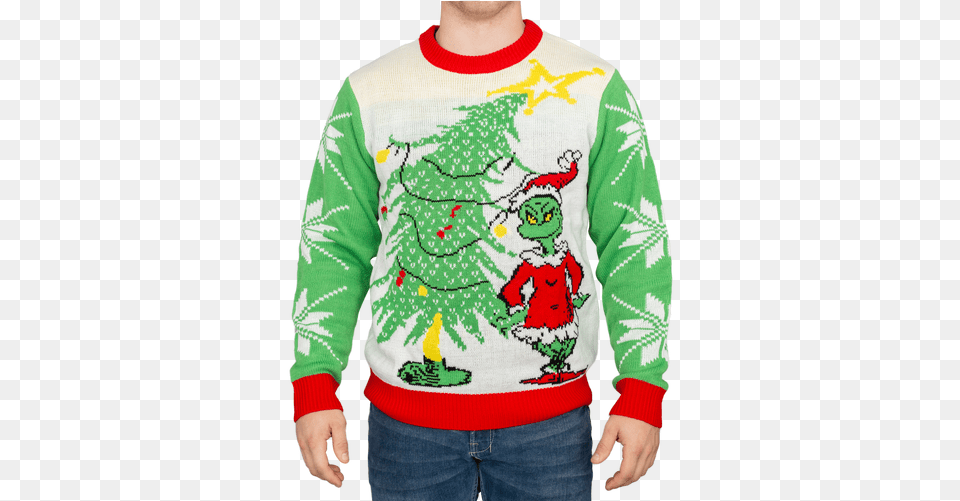 Dr Seuss Grinch As Santa Next To Tree Ugly Christmas Sweater, Clothing, Knitwear, Sweatshirt, Long Sleeve Free Png Download