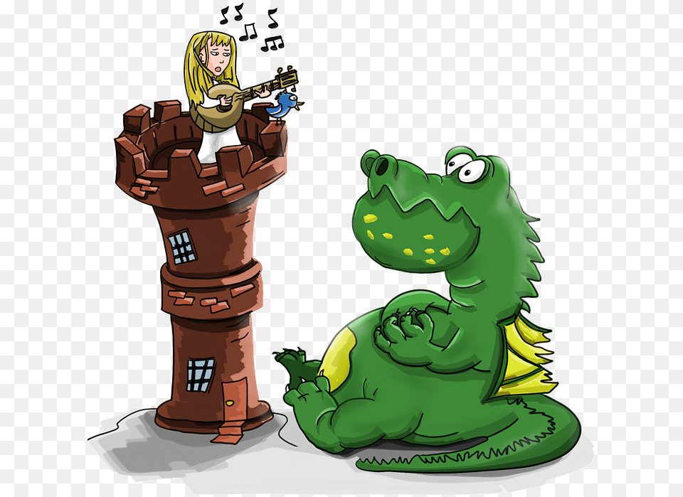 Dragon Princess Guitar To Sing A Song Castle Tower Dragon And Princess, Adult, Female, Person, Woman Free Transparent Png