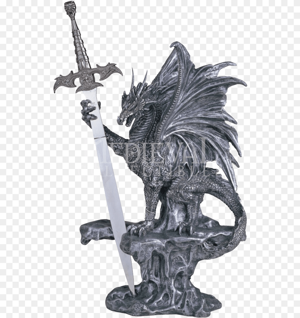 Dragon Statue With Sword, Weapon, Blade, Dagger, Knife Png Image