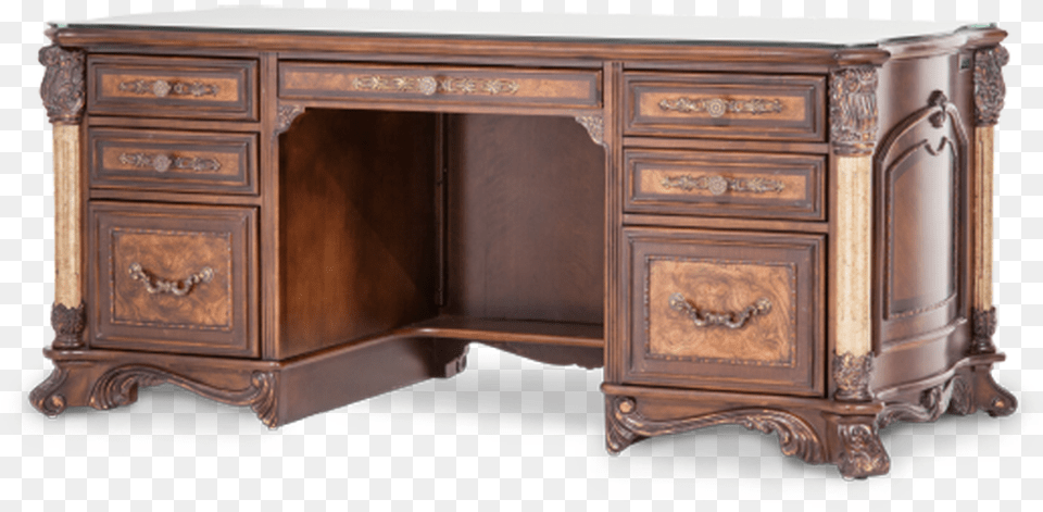 Drawers Carved Wood Light Espresso Finish Glass Top Aico Victoria Palace Desk, Furniture, Sideboard, Table, Drawer Free Png Download