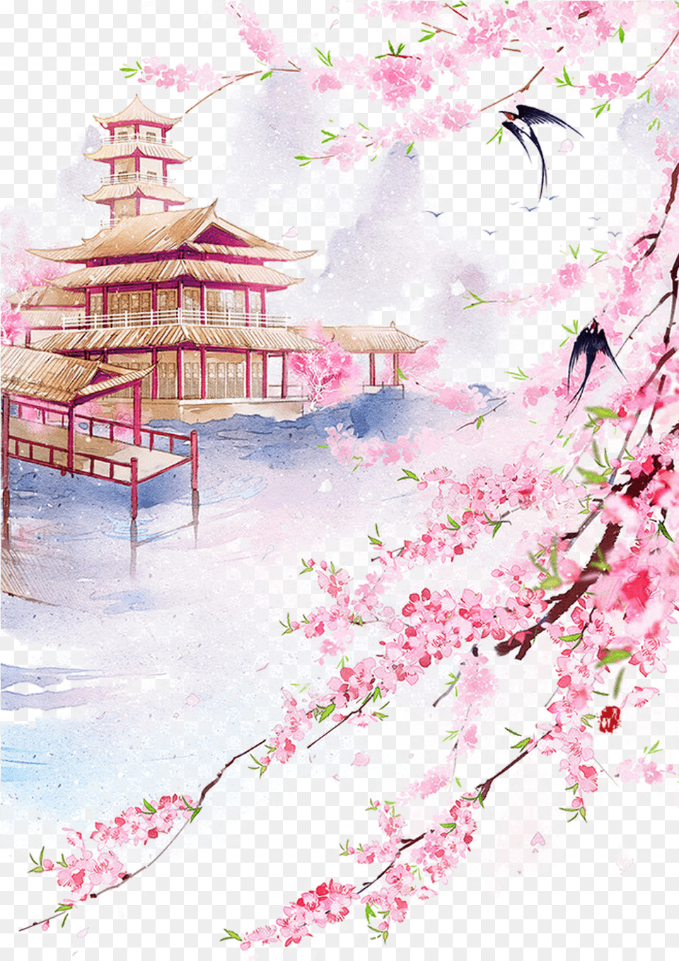 Drawing Chinese Watercolor Chinese Cherry Blossom Watercolor, Flower, Plant, Outdoors, Architecture Free Transparent Png
