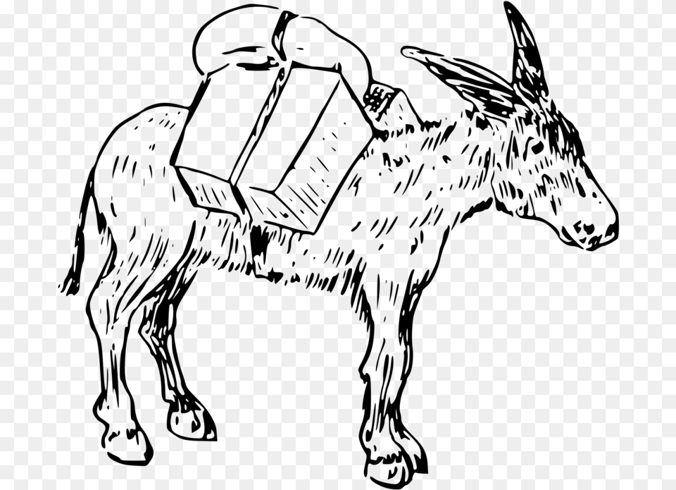 Drawing Donkey Mule Donkey With Luggage Clipart Black And White, Gray Free Png