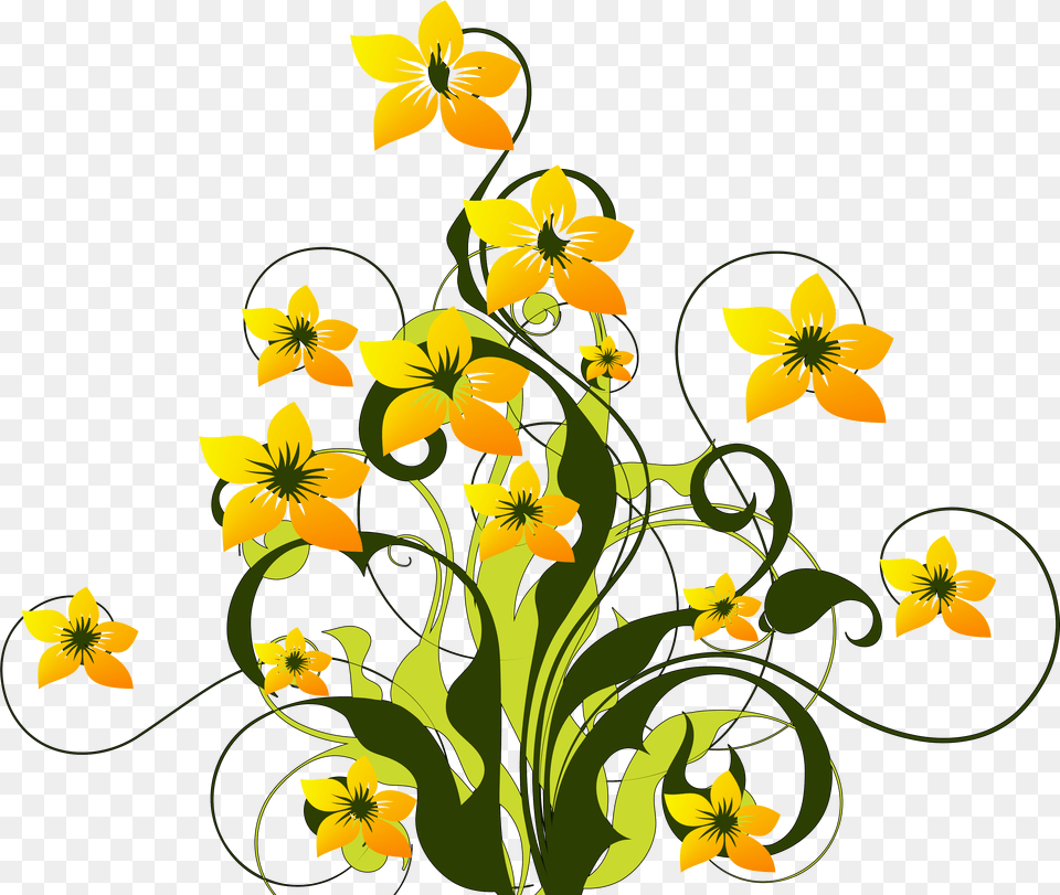 Drawing Of A Bush Yellow Flowers With Green Leaves Flowers Swirl, Art, Floral Design, Graphics, Pattern Png Image