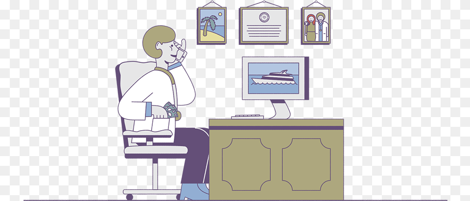 Drawing Of Doctor Sitting At Desk Cartoon, Person, Furniture, Table, Face Free Png Download