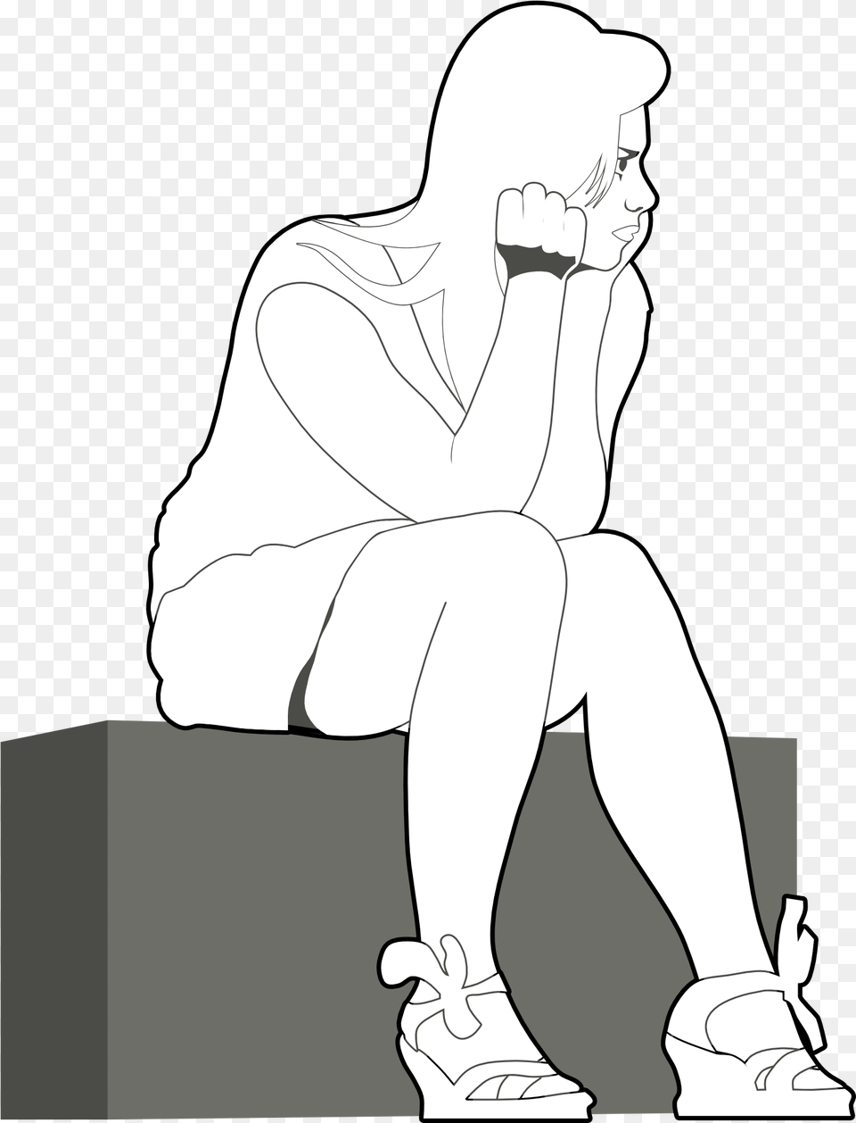 Drawing Of Lonely Sitting Girl Girl Waiting, Person, Art, Face, Head Png Image