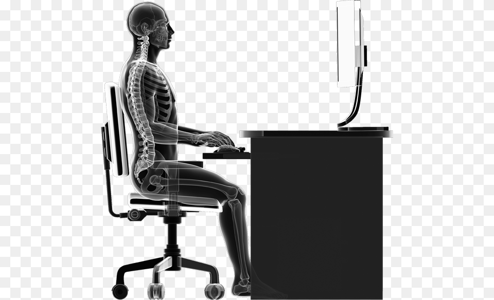 Drawing With An Xray Effect Of A Person Sitting At Bacamplt Backboard Portable Back Posture Supportblack, Adult, Male, Man Free Png Download