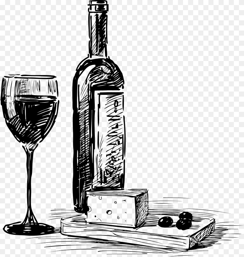 Drawn Vine Transparent Cheese And Wine Drawing, Alcohol, Beverage, Bottle, Glass Free Png