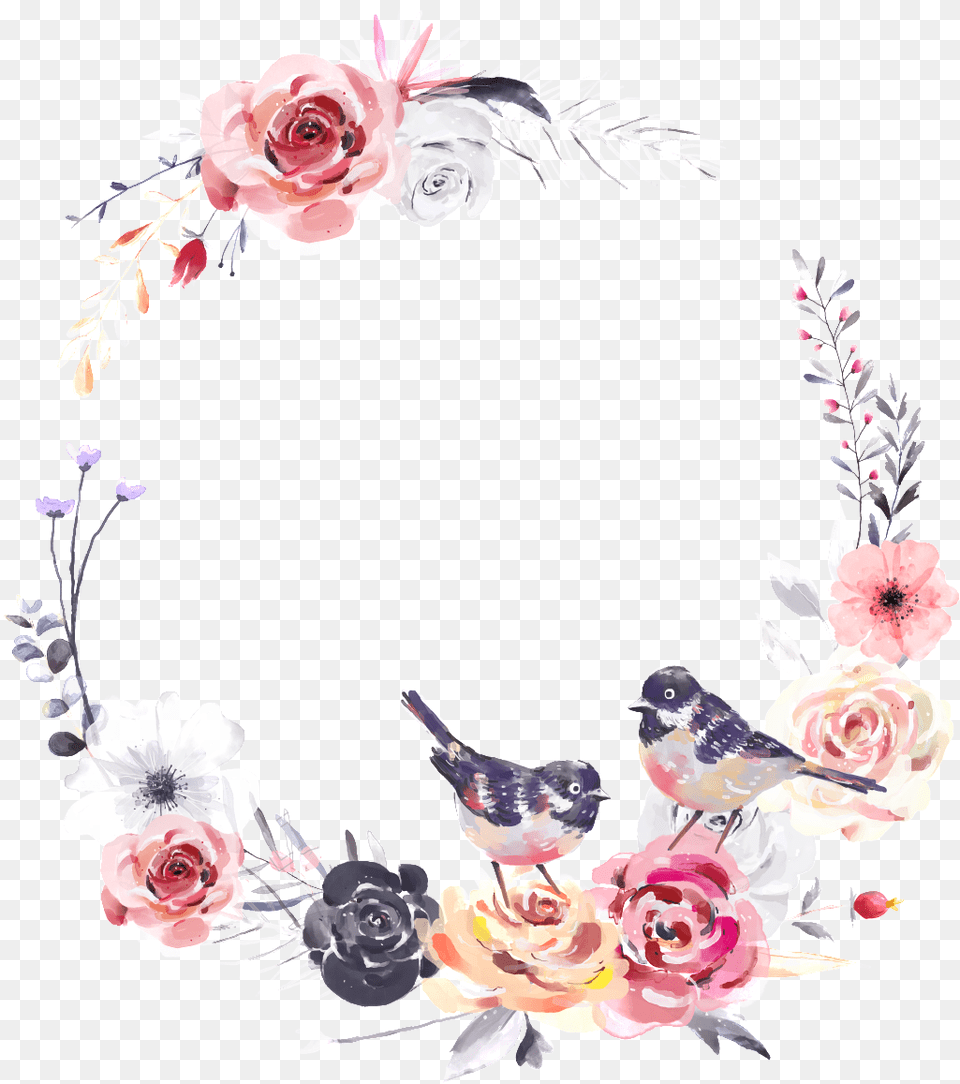 Dreamlike Watercolor Flower And Bird Wreath Watercolor Floral Wreath, Rose, Art, Plant, Floral Design Free Transparent Png