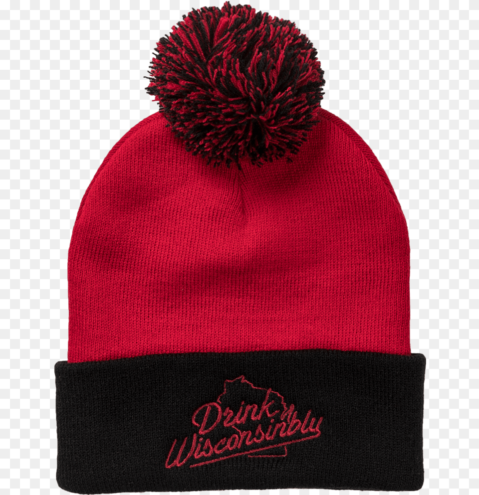 Drink Wisconsinbly Red Amp Black Pom Hat Drink Wisconsinbly, Beanie, Cap, Clothing, Person Free Png Download