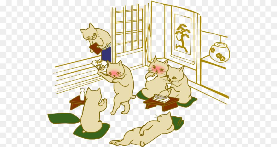 Drinking Session Cats Japanese Ukiyo E Style Cartoon, Animal, Pet, Cat, Mammal Free Png Download