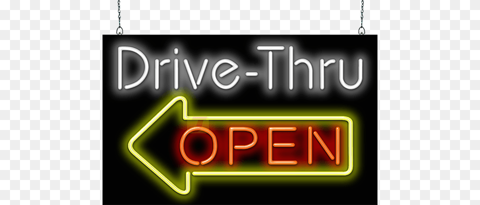 Drive Thru Open Neon Sign With Left Arrow Arrow, Light, Scoreboard Free Png Download