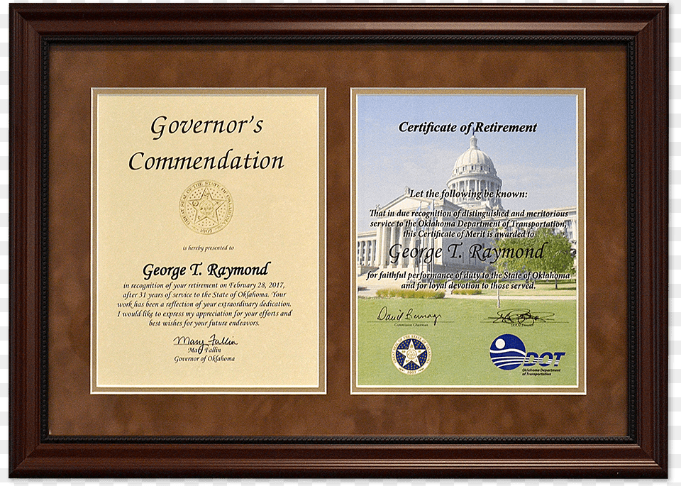 Dual Retirement Certificate And Commendation Letter Matted Framed Dedication Example, Text, Diploma, Document, Architecture Free Transparent Png