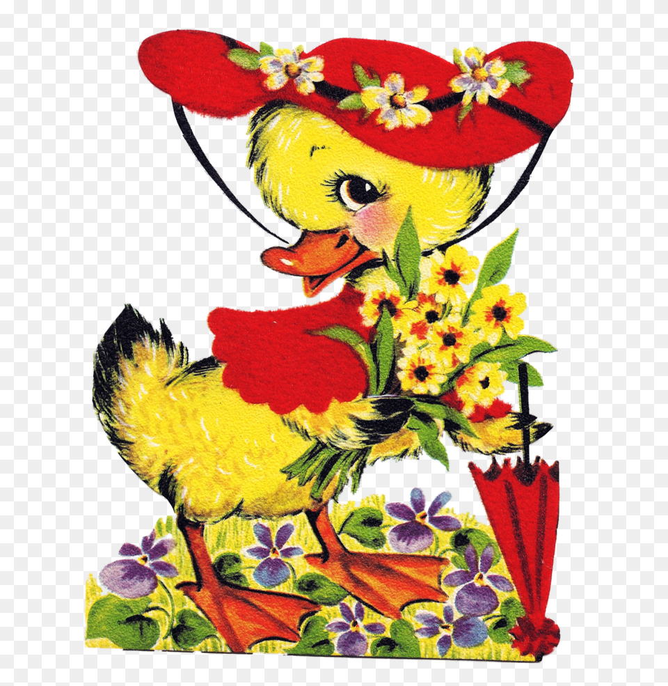 Duck With Red Hat And Umbrella Vintage Clipart, Art, Pattern, Graphics, Plant Png Image