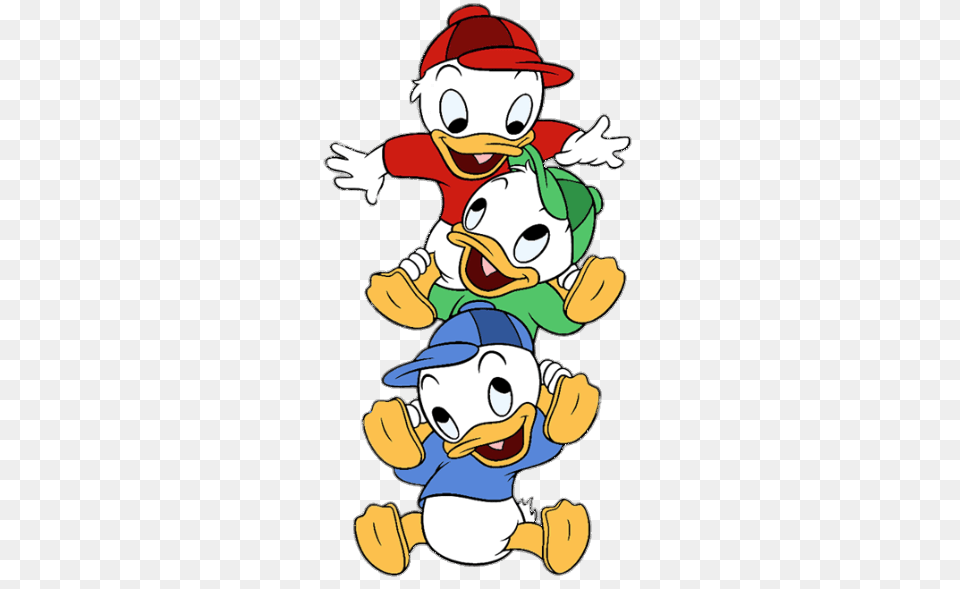 Ducktales Huey Dewey And Louie On Each Others Shoulders, Cartoon, Baby, Person, Face Png Image