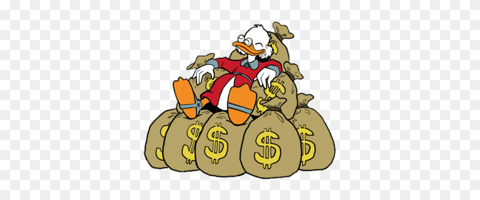 Ducktales Scrooge Mcduck Lying On Money Bags Transparent, Bag, Sack, Baby, Person Png