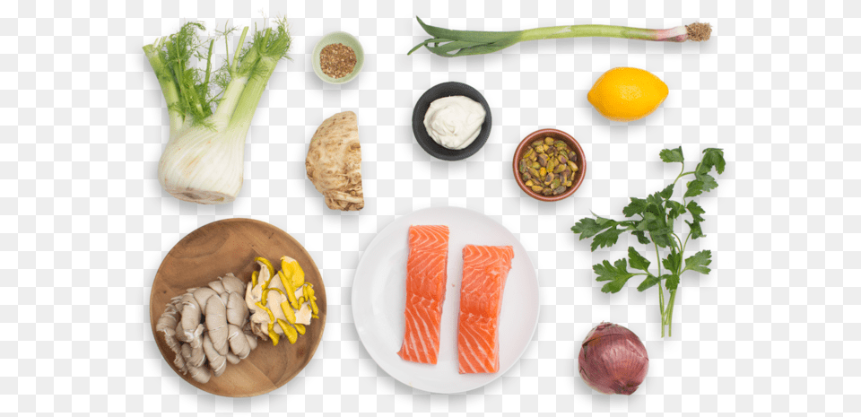 Dukkah Spiced Salmon With Spring Vegetable Amp Oyster Vegetables Top View, Plate, Food, Produce, Plant Png Image