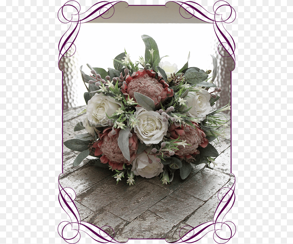 Dusty Pink Artificial Protea And Ivory White Silk Rose Artificial White Roses Bridal Bouquet, Art, Floral Design, Flower, Flower Arrangement Free Png Download