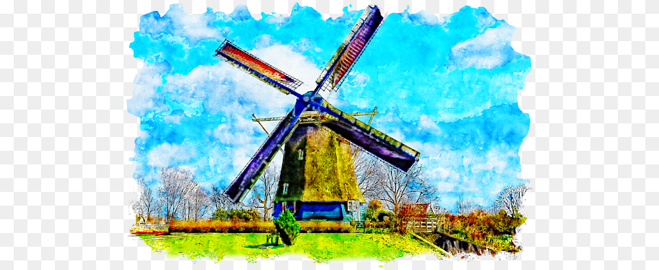 Dutch Windmills Watercolor Drawing Kids T Shirt For Sale By Windmill, Outdoors, Engine, Machine, Motor Free Transparent Png