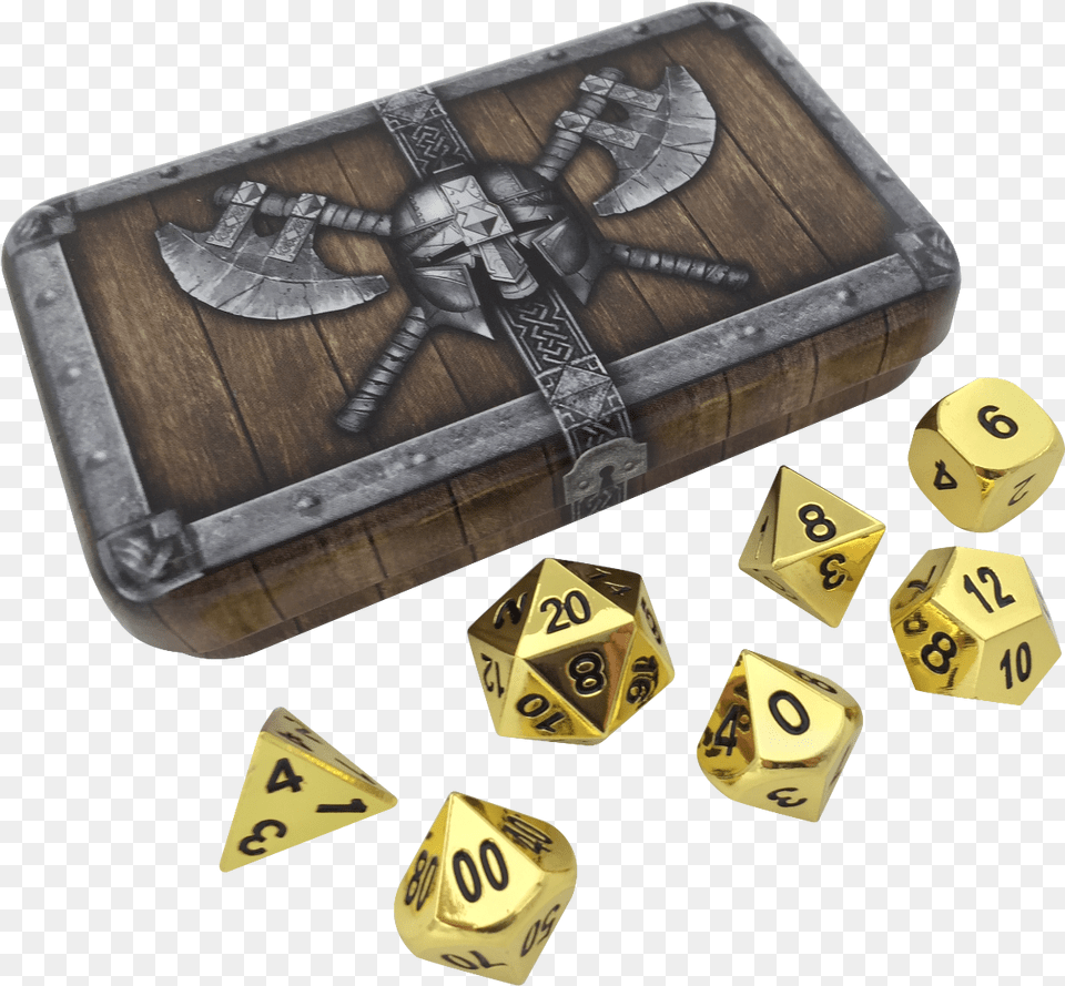 Dwarven Chest With Gold Color And Black Numbering Metal Role Playing Game, Dice, Blade, Dagger, Knife Png Image