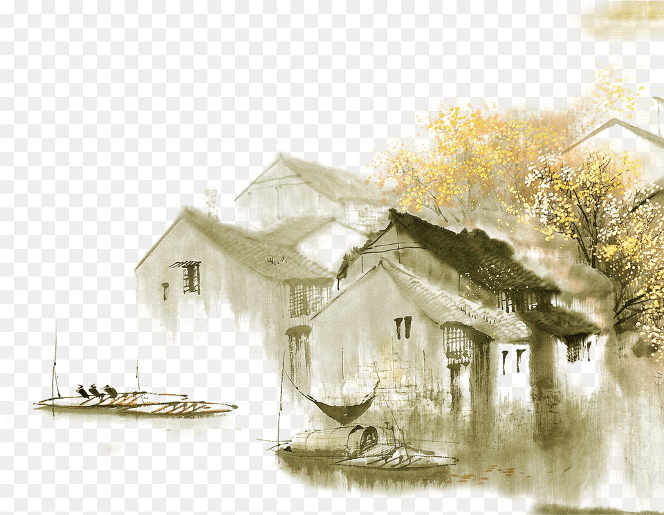 Dwelling In The Fuchun Mountains Jiangnan Ink Wash Chinese Mountains And House Painting, Art, Drawing Png Image