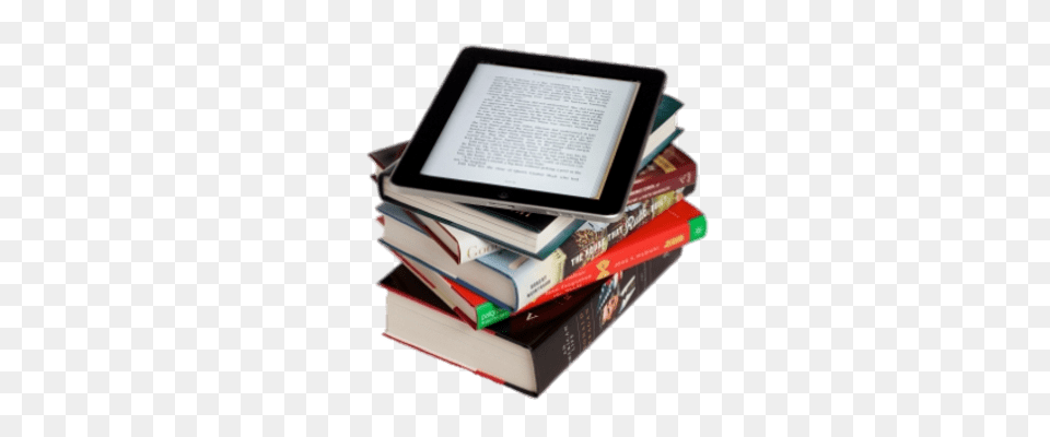 E Book Next To Pile Of Books Transparent, Publication, Computer, Electronics, Tablet Computer Png Image