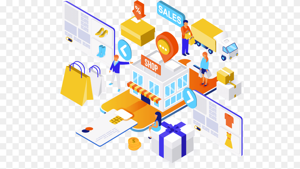 E Commerce Solutions Online Shopping Isometric, Person, Bulldozer, Machine Png Image