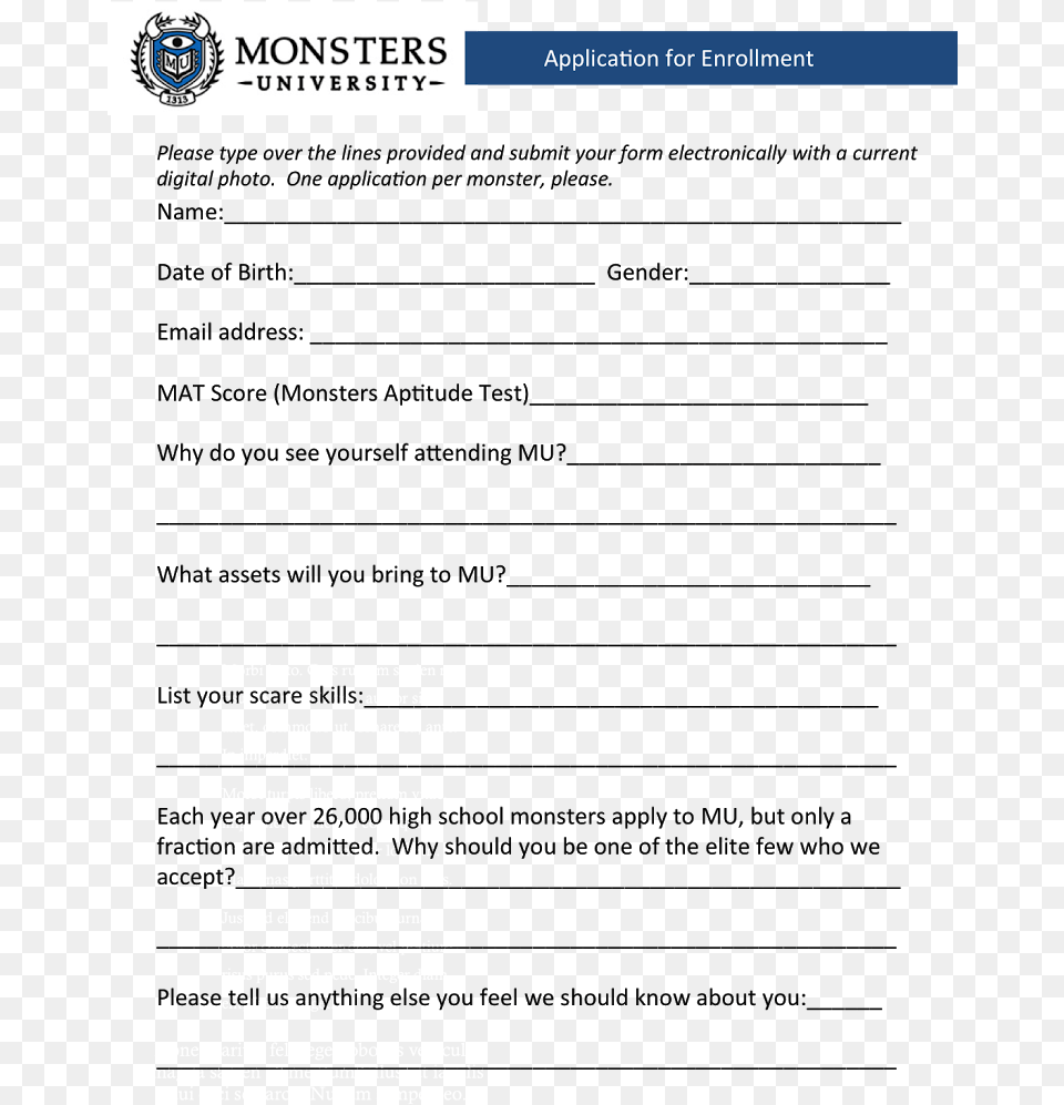 Each Monster Was To Fill Out An Application And Submit Monsters University College Application, Page, Text, File Png Image