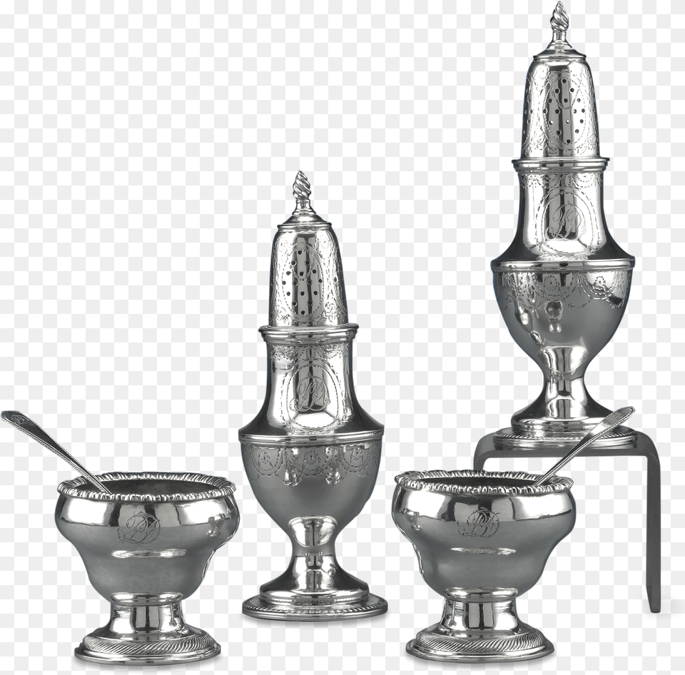 Early American Silver Salt And Pepper Service By Stephen Monochrome Png Image