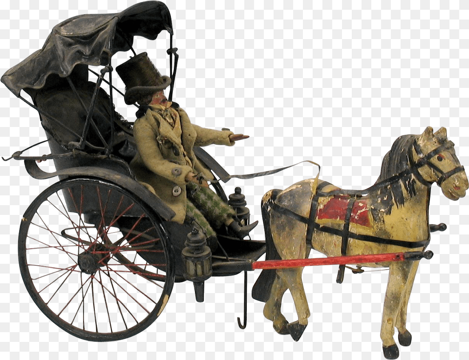 Early Man Doll In Beaver Top Hat Riding In Horse Drawn Horse And Buggy Transparent, Wheel, Machine, Carriage, Vehicle Free Png