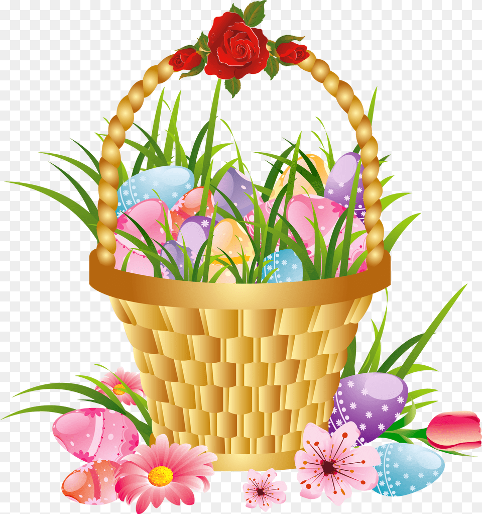 Easter Basket Clipart With A Cross In It Flower Basket In Cartoon, Plant, Food, Flower Bouquet, Flower Arrangement Free Transparent Png
