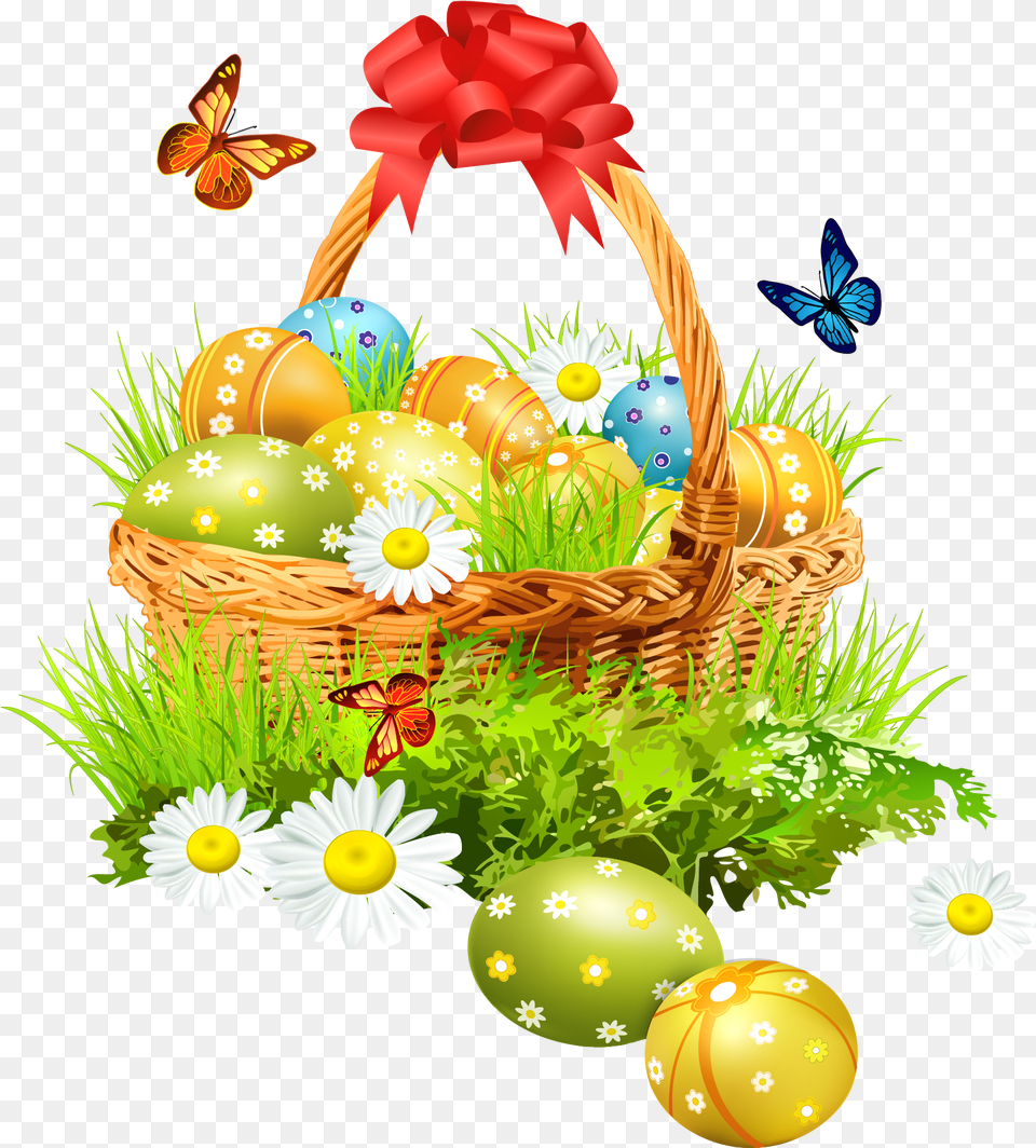 Easter Basket With Eggsand Butterflies Clipart Easter Egg Basket, Daisy, Flower, Plant, Food Png Image