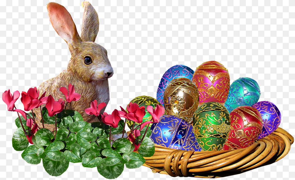 Easter Bunnies With Eggs In A Basket, Balloon, Flower, Flower Arrangement, Plant Png