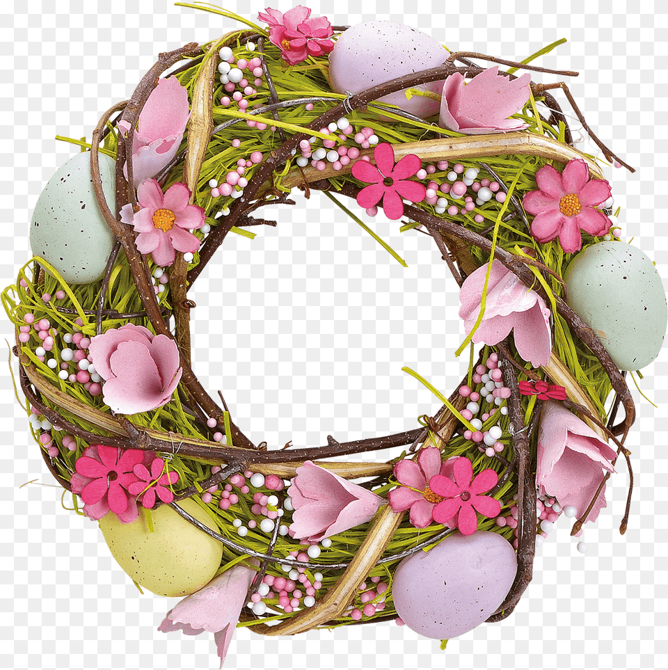 Easter Wreath With Pink Flowers And Colourful Easter Bouquet, Egg, Food, Flower, Plant Free Png