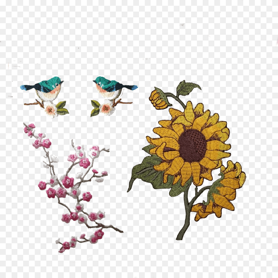 Editing And Overlays Image Embroidered Sunflower, Plant, Flower, Advertisement, Bird Free Png