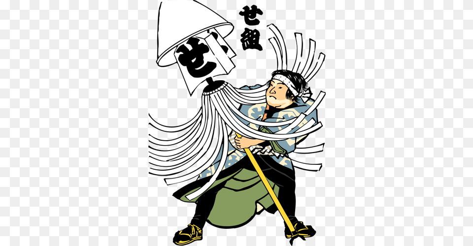 Edo Firefighter Holding A Lamp Vector Drawing, Book, Comics, Publication, Cleaning Png