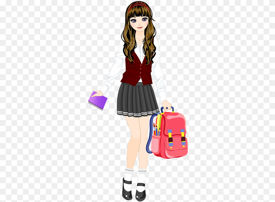 Education Schoolgirl Uniform I Am A Student Cartoon Girl Student In Uniform, Teen, Female, Person, Bag Free Transparent Png