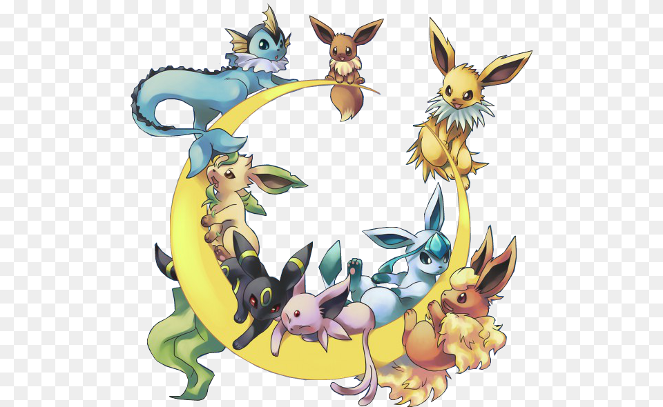 Eevee Eeveelution Flareon Glaceon Leafeon Umbreon Espeo Eeveelutions On A Moon, Face, Head, Person Free Png Download