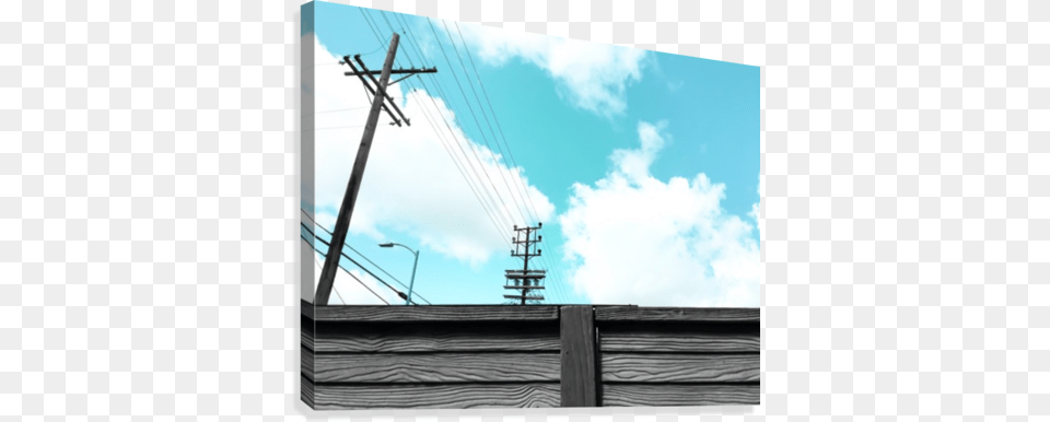 Electric Pole With Wooden Wall And Blue Cloudy Sky Blue, Utility Pole, Cable, Power Lines Png
