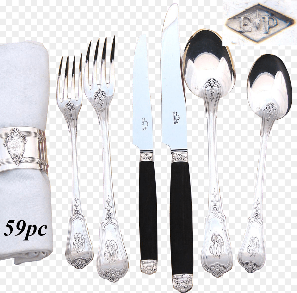 Elegant Antique French Puiforcat Sterling Silver 71pc Knife, Cutlery, Fork, Spoon, Blade Free Png